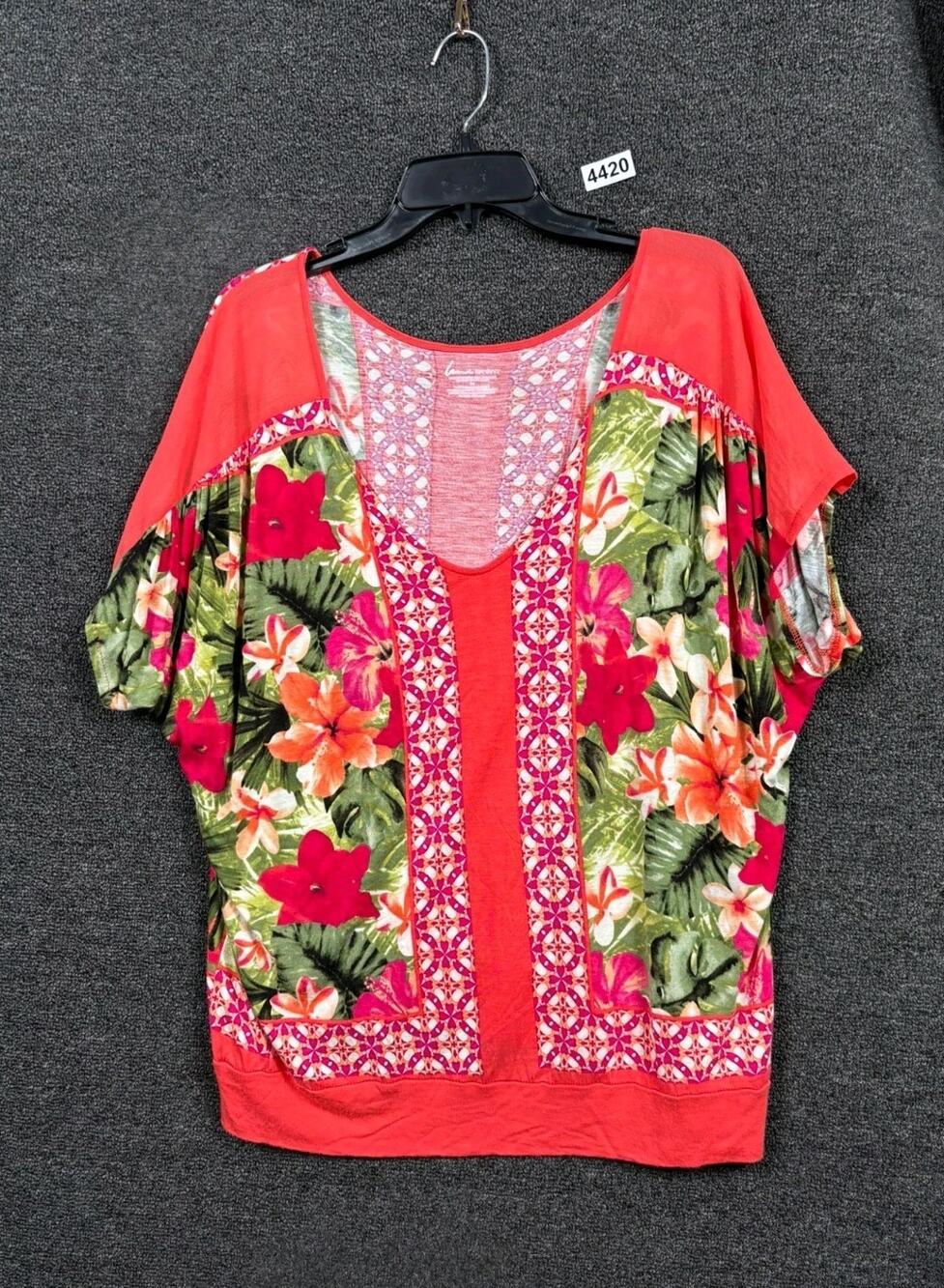 Lane Bryant Artsy Boxy Relaxed Tropical Floral Top Womens Size 14 Red V-Neck